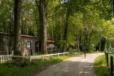a girl walking down a dirt road next to a house at Jocomo Parc in Lanaken