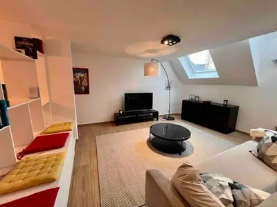 a living room with a couch and a tv at Le contemporain - Plein centre, place du Marché in Liège