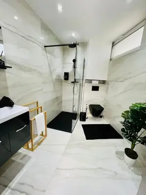 a bathroom with a shower and a sink and a toilet at Appartement tropical in Liège