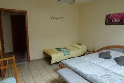 a bedroom with two beds and a chair in it at Bij Suus onder de wol in Borgloon
