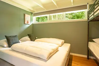 a bedroom with two beds and two windows at Boshuisje Rekem - Silas in Lanaken