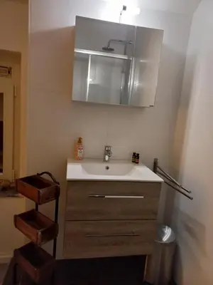 a bathroom with a sink and a cabinet and a mirror at Casa Barata in Riemst