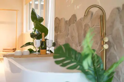 a bathroom with a counter with plants and a mirror at Ontspan huisje: wellness in de natuur in Lanaken