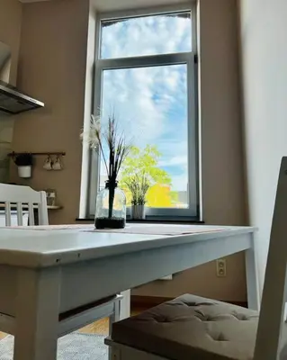 a window with a vase on a table in a room at Charmant petit appartement. in Liège