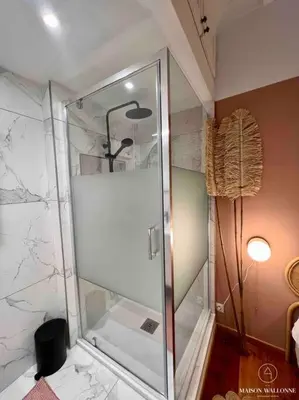 a shower with a glass door in a bathroom at Le cocon rose - Chic, proche Jardin botanique in Liège