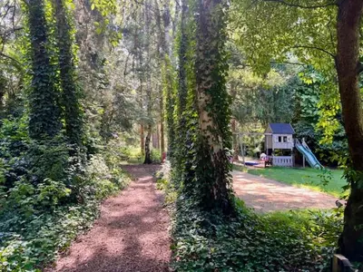 a path through a forest with a house in the background at Villa Bosrijk in Lommel