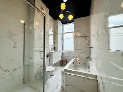 a bathroom with a toilet and a shower and a tub at Maison du Roi in Liège