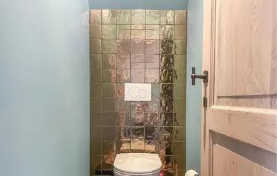 a bathroom with a toilet and a tiled wall at Looshof in Helchteren