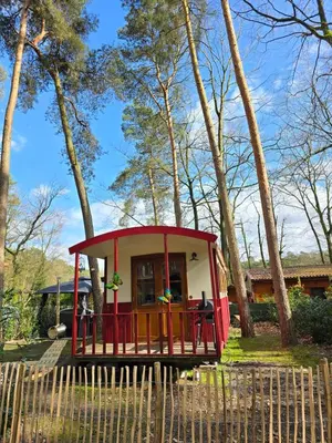 a red and white tiny house in the woods at pipowagen met prive Hot tub in Lanaken