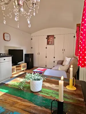 a living room with a couch and a tv at pipowagen met prive Hot tub in Lanaken