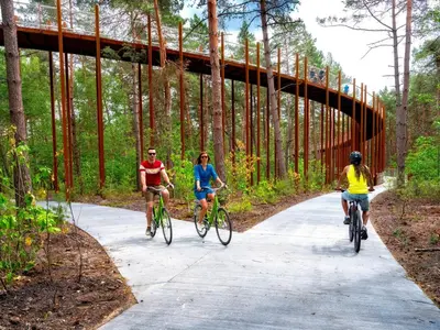 three people riding bikes on a path under a bridge at B&B De Watering in Lommel