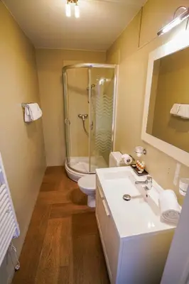 a bathroom with a shower and a sink and a toilet at Hôtel Au Comte de Mercy in Oupeye