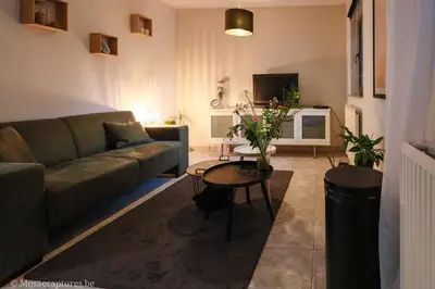 a living room with a couch and a table at De Millenniumhoeve (Jean) in Riemst