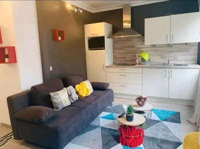 a living room with a couch and a kitchen at Appartement très proche médiacité - centre ville in Liège