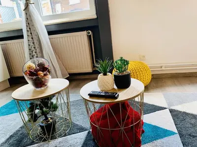 two tables with potted plants on them in a room at Appartement très proche médiacité - centre ville in Liège