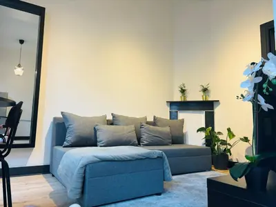 a blue couch in a living room with a fireplace at Appartement Cosy Liège Station in Liège
