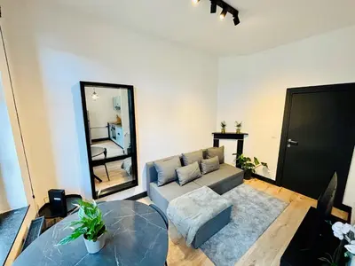 a living room with a couch and a mirror at Appartement Cosy Liège Station in Liège