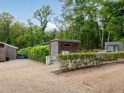 a garden with a shed and some bushes and trees at Chalet Wielsmer in Zutendaal