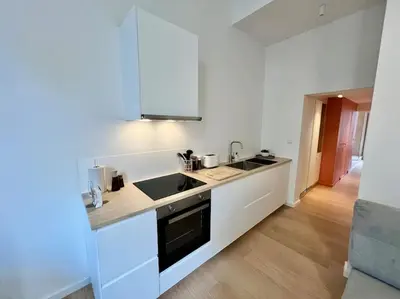 a white kitchen with a sink and a stove at L'escapade chic - Cathédrale, Saint Lambert in Liège
