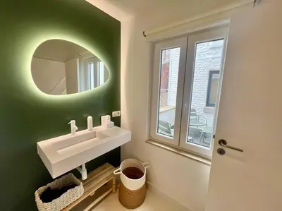 a green bathroom with a sink and a mirror at Duplex chic et spacieux - Hypercentre in Liège