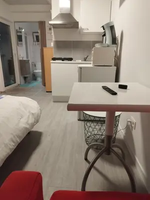 a room with a bed and a table and a kitchen at Modern Lux studio in Beringen