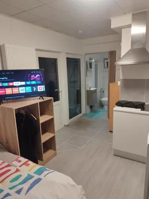 a living room with a television and a bathroom at Modern Lux studio in Beringen