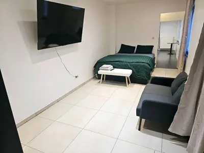 a living room with a couch and a tv at appartement ouvert sur une pièce in Liège