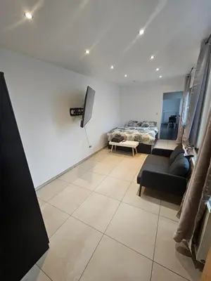 a living room with a bed and a couch at appartement ouvert sur une pièce in Liège