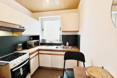 a small kitchen with a sink and a stove at Le parfait Studio de la Cité Ardente - Central in Liège