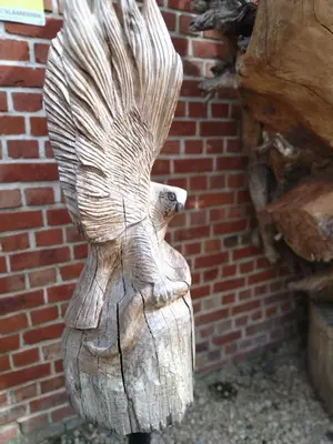 a wooden statue of a bird with its wings out at 
