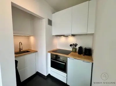 a small kitchen with white cabinets and a sink at Le Panoramique des Carmes - Vue Cathédrale in Liège