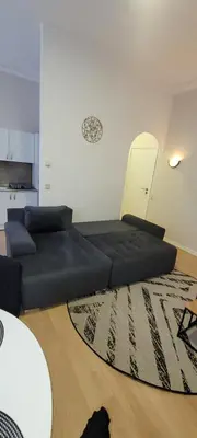a living room with a black couch and a rug at Au coeur du théâtre in Verviers