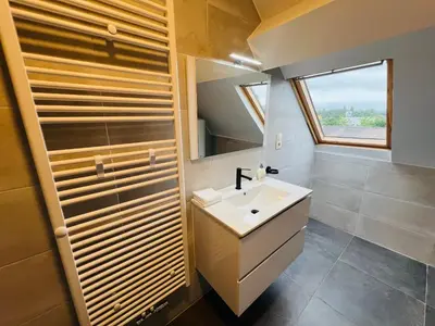 a bathroom with a sink and a mirror at Maison d’Ans in Ans