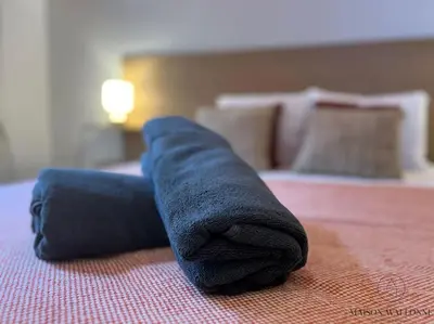 a black towel laying on top of a bed at L'haussmanien romantique - HEC, Jardin botanique in Liège