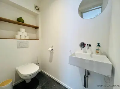 a white bathroom with a toilet and a sink at L'haussmanien romantique - HEC, Jardin botanique in Liège