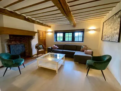 a living room with a couch and chairs and a fireplace at Gite 13 personnes in Battice