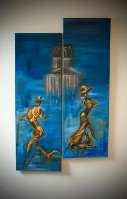 three paintings of people in the water on a wall at B&B Horpala in Heers