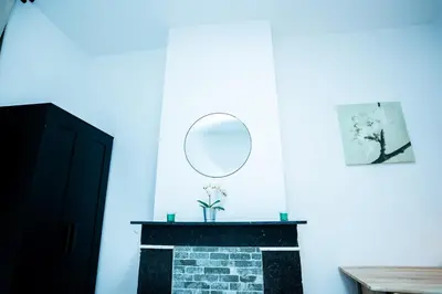 a room with a fireplace with a mirror on the wall at Chambre R1 avec salle de bain partagée près de l'hôpital de la Citadelle à Liège in Liège