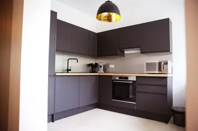 a kitchen with black cabinets and a gold light fixture at Le 118 Guillemins, avec Parking in Liège