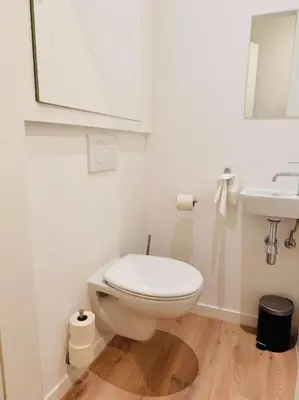 a bathroom with a white toilet and a sink at Urbanchic Opéra 2B in Liège