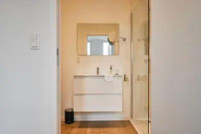 a bathroom with a sink and a mirror at Urbanchic atmosphère 2D in Liège