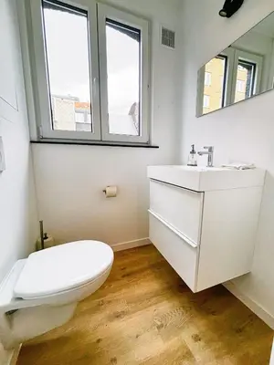 a bathroom with a toilet and a sink and two windows at Urbanchic Appartement cosy 1B in Liège