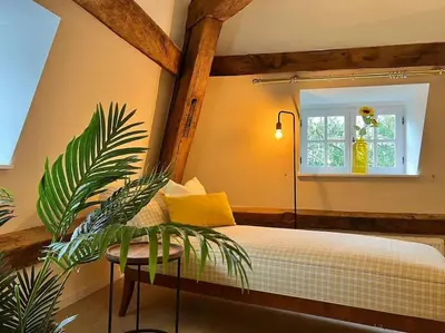 a bedroom with a bed and a plant and a window at Das GANZE Chateau Thor - bis zu 22 Personen in Lontzen