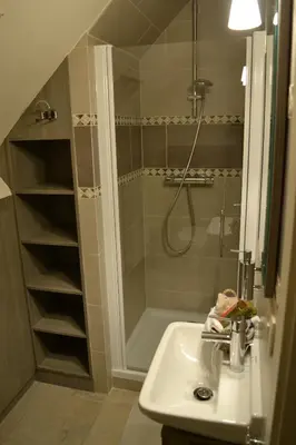 a bathroom with a shower and a sink at B&B Noord-Zuid in Zonhoven