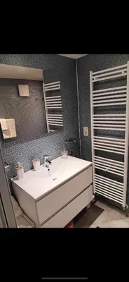 a bathroom with a white sink and a mirror at Au nid douillet in Trooz