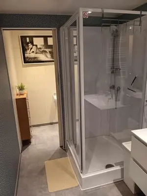 a bathroom with a shower and a sink at Au nid douillet in Trooz