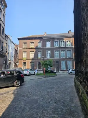 a street with cars parked in front of a building at Logements Liège un in Liège
