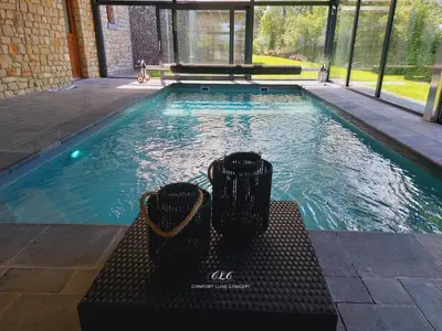 a swimming pool with a bench in the water at Villa VIP in Welkenraedt