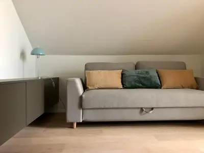 a couch with pillows on it in a living room at Huis Vanellus in Hasselt