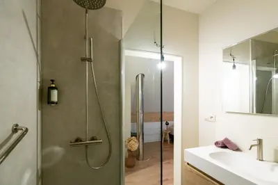a bathroom with a shower and a sink at Vakantiehuis Remersdaal in Voeren